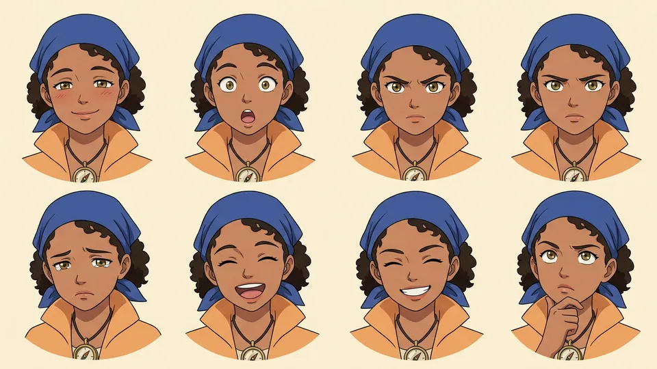 Noor expression grid: calm, surprised, angry, worried, sad, laughing, smiling, thinking