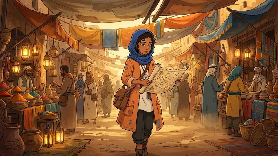 Noor unrolling a map in a covered desert market at golden hour