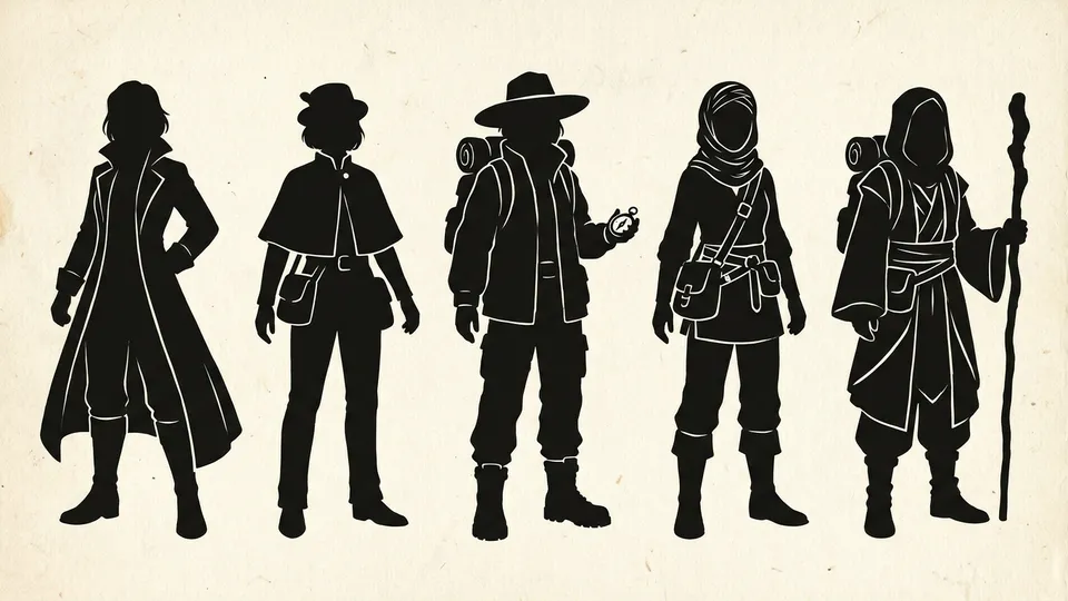 Five black silhouette thumbnails of one explorer with different costumes