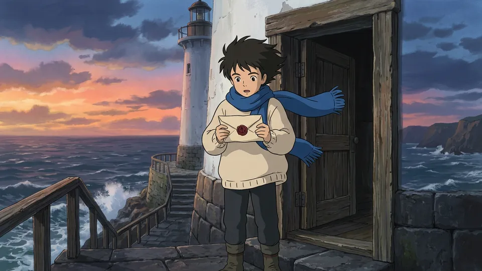 Finished frame: the boy in a cream sweater and blue scarf holds the envelope in the lighthouse doorway at sunset