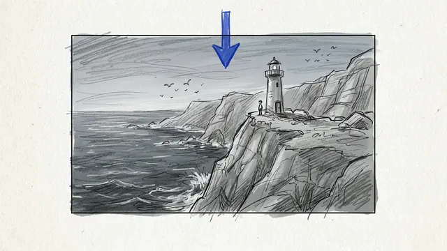 Panel 1, extreme wide: the lighthouse on its cliff at dusk, with a push-in arrow