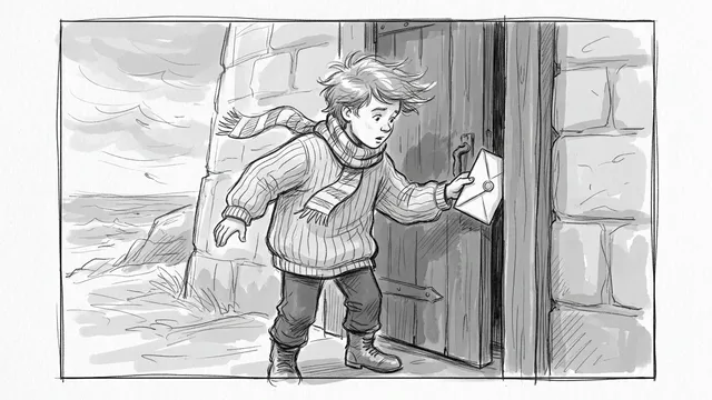 Panel 2, medium: the boy opens the door and finds the envelope