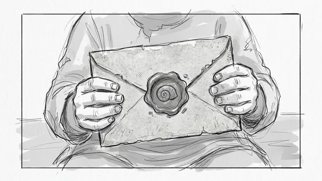 Panel 3, insert: his hands holding the sealed envelope
