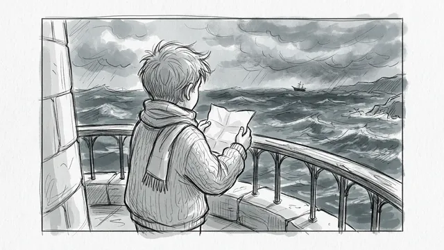 Panel 4, over the shoulder: the boy reads the letter facing a stormy sea
