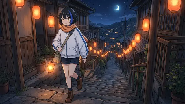 Night shot: Mira on lantern-lit stairs
